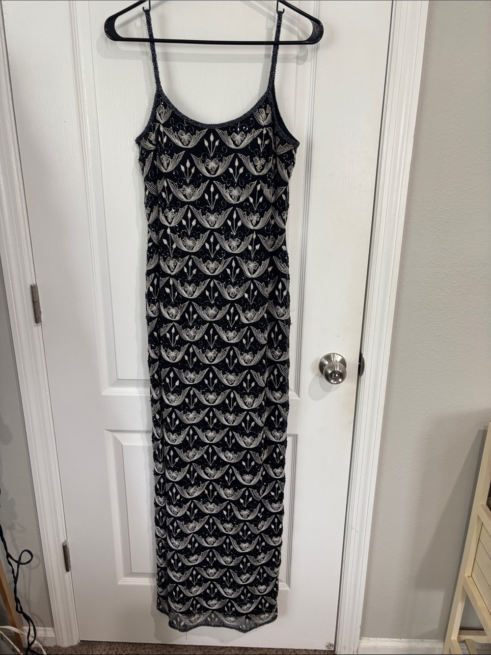 Papell Boutique Black and White Patterned Spaghetti-Strap Maxi Dress